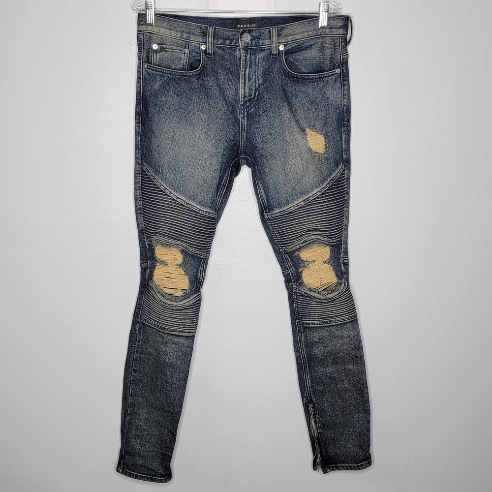 PACSUN Men's Stacked Skinny Jeans Stretch Size 30x30 Ankle Zip Ripped Jeans